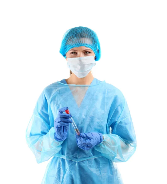 Female surgeon on white — Stock Photo, Image