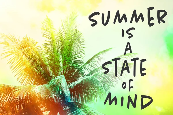 Teks SUMMER ADALAH STATE OF MIND dan pohon palem — Stok Foto