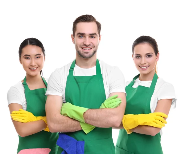 Equipe de serviço de limpeza em aventais verdes — Fotografia de Stock