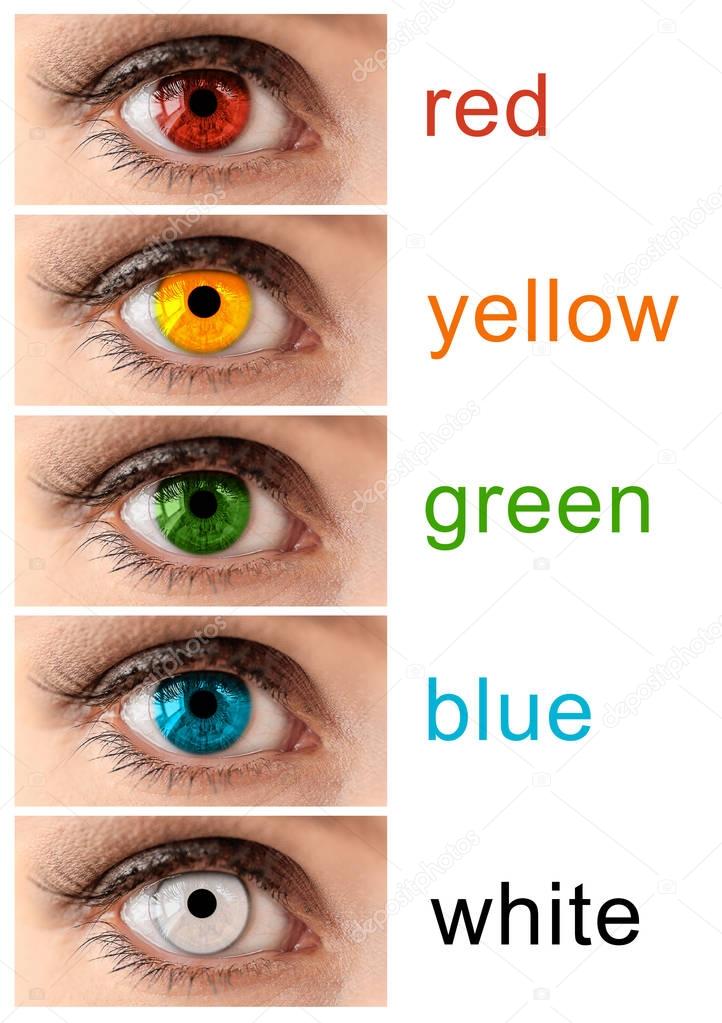 Collage of woman in different color contact lenses 