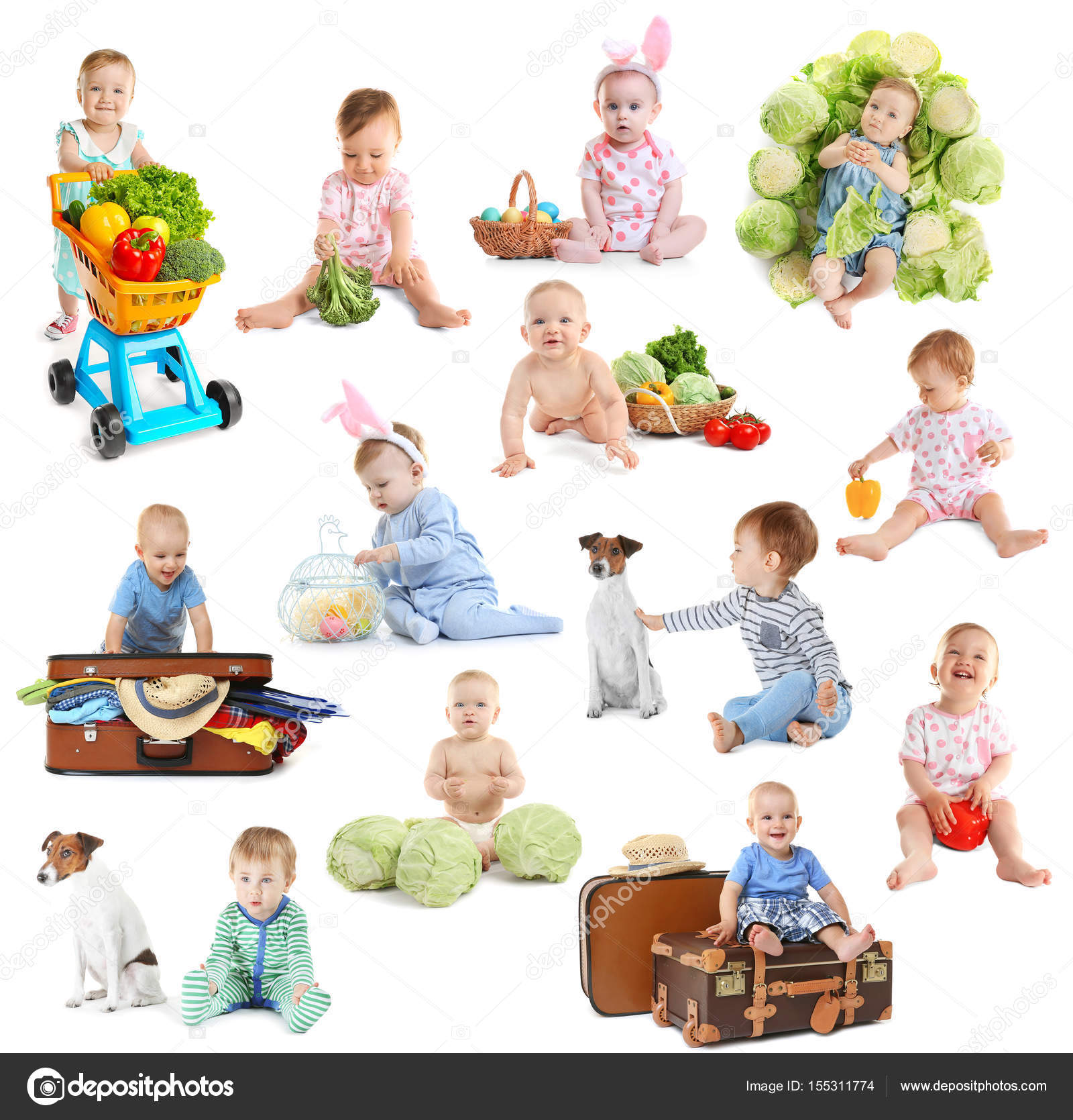 Childhood Concept Collage Of Cute Babies On White Background Stock Photo C Belchonock