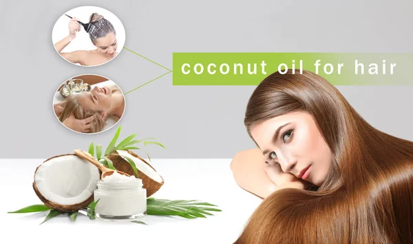 Olio di cocco per capelli. Giovani donne e cosmetici su sfondo di colore — Foto Stock