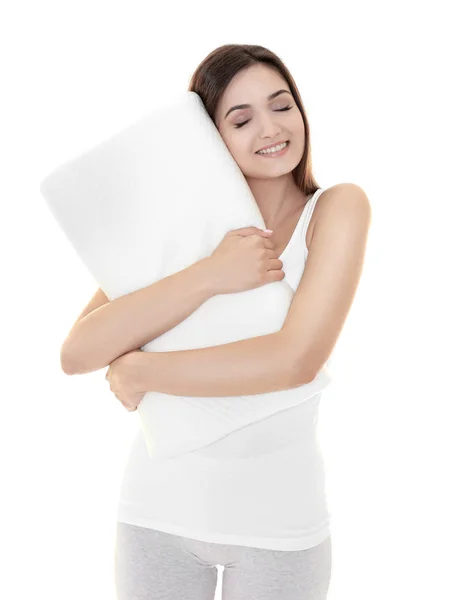 Женщина с ортопедической подушкой — стоковое фото