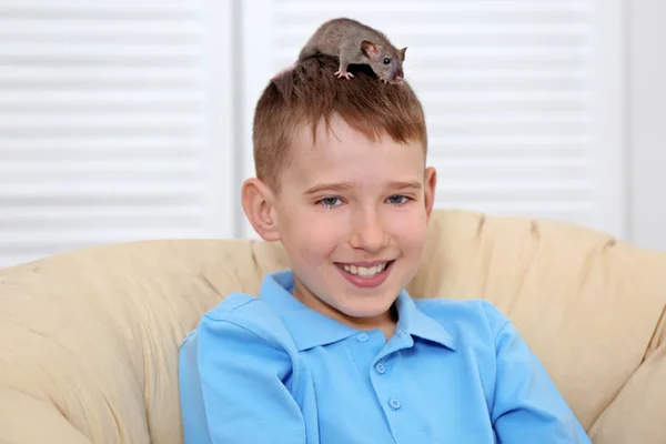 Roztomilý chlapec s legrační krysa — Stock fotografie