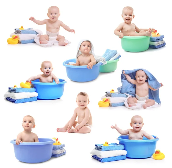 Hygiëne concept. Collage van schattige baby's op witte achtergrond — Stockfoto