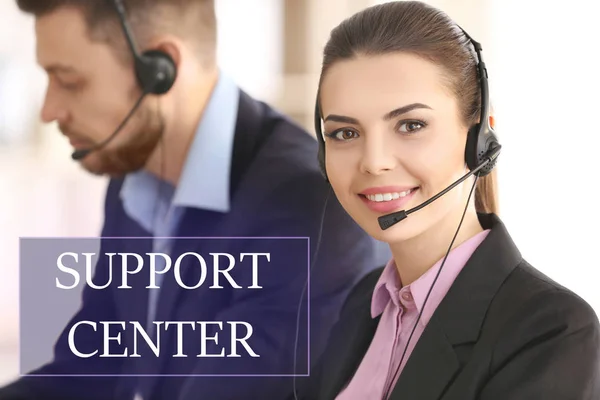 Help desk concept. Young woman with headset working in support center — Stock Photo, Image