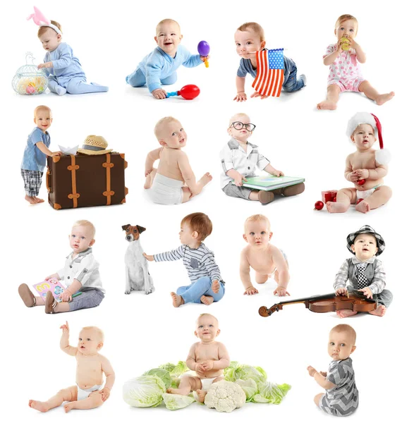 Jeugd concept. Collage van schattige baby's op witte achtergrond — Stockfoto