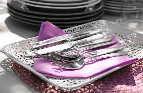 Tray with silver cutlery — Stock Photo, Image
