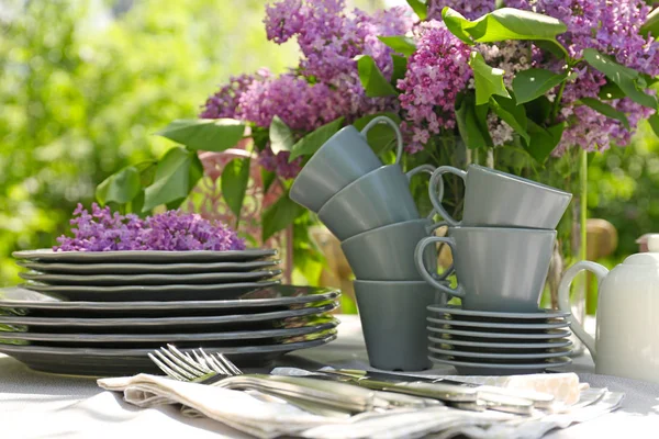 Conjunto de louça e flores lilás — Fotografia de Stock