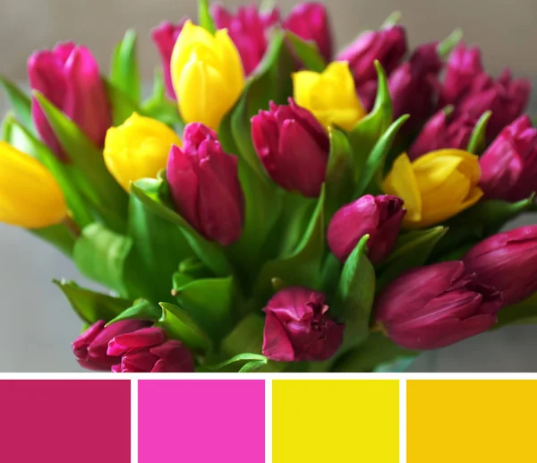 Bouquet di tulipani gialli e lilla — Foto Stock