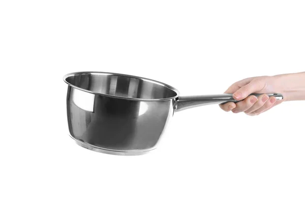 Woman holding saucepan — Stock Photo, Image