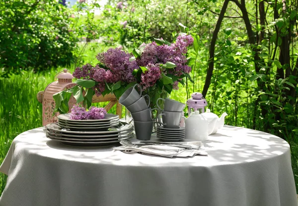 Set of dishware and lilac flowers — Stock Photo, Image