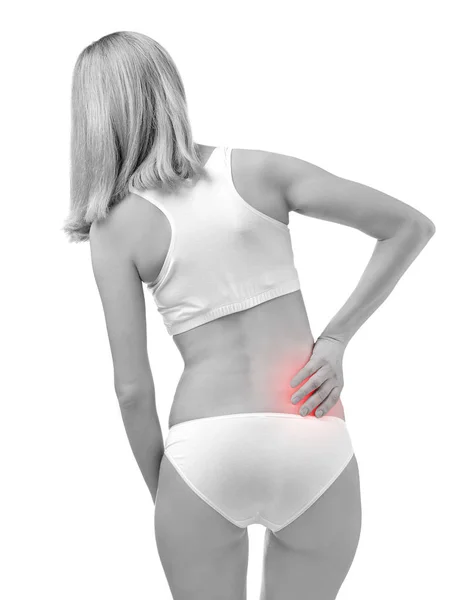 Femme souffrant de douleur dans le dos — Photo