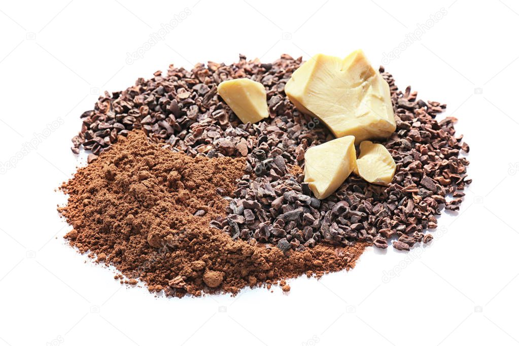 cocoa nibs, butter and powder 