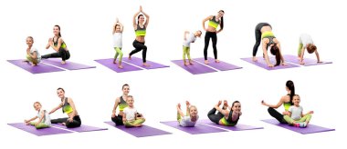 Anne ve kızı yoga yapıyor.