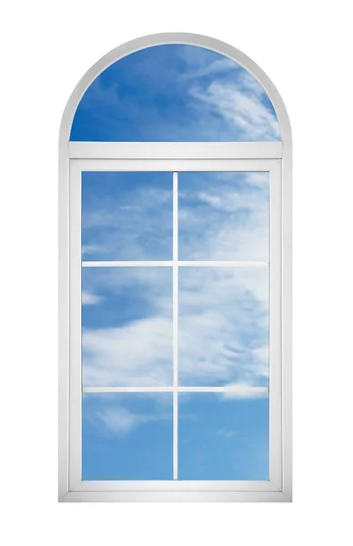 Weergave van de blauwe hemel door raam — Stockfoto