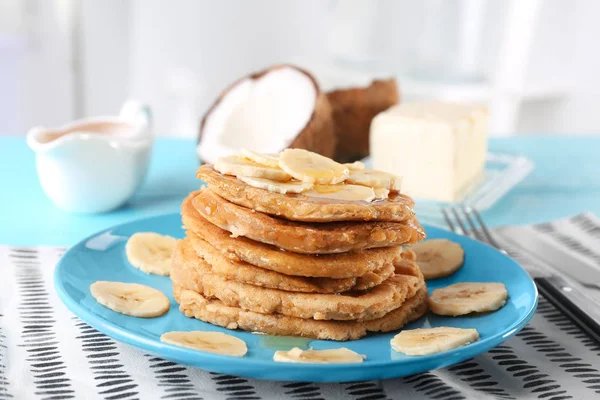 Stack of delicious coconut pancakes — Stock Photo, Image