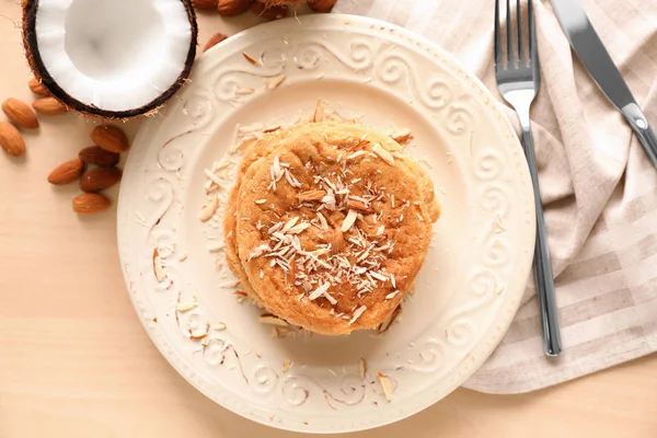 Delicious decorated coconut pancakes — Stock Photo, Image