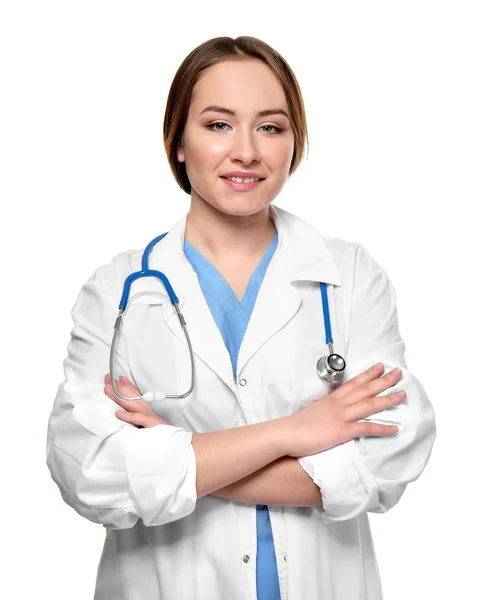 Medico donna con stetoscopio su sfondo bianco — Foto Stock