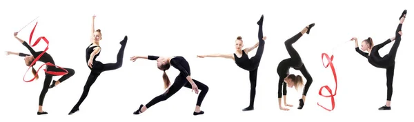 Colagem de adolescente fazendo exercícios de ginástica no fundo branco — Fotografia de Stock