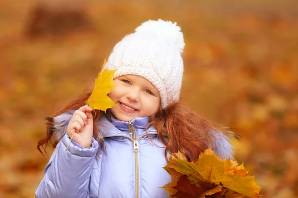 Χαριτωμένο Μικρό Κορίτσι Μπουκέτο Από Κίτρινα Φύλλα Εξωτερικούς Χώρους — Φωτογραφία Αρχείου