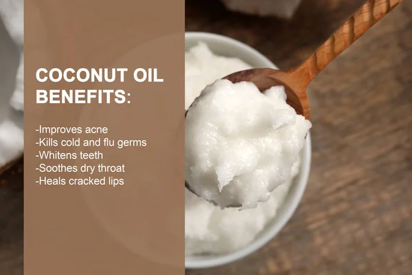 List of benefits and coconut oil — Stock Photo, Image