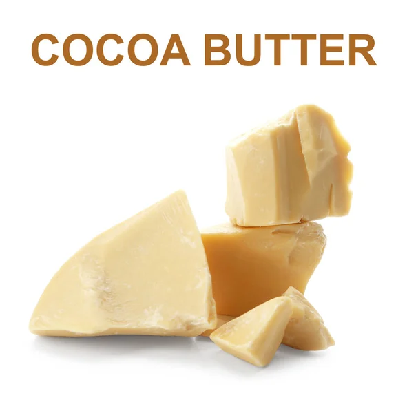Potongan mentega kakao dengan teks — Stok Foto