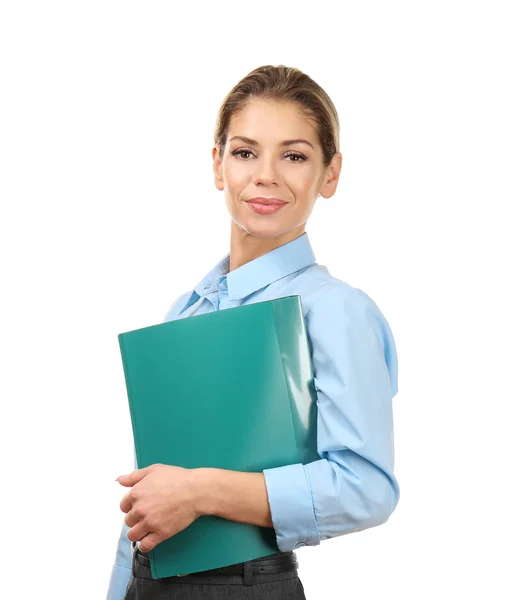 Beautiful woman with folder on white background — Stock Photo, Image