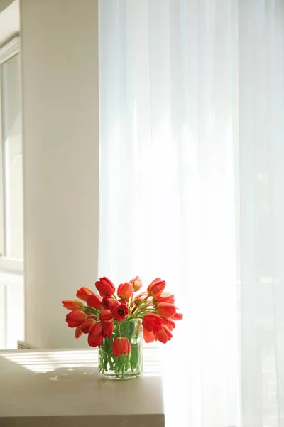 Glass vase with beautiful red tulips — Stock Photo, Image