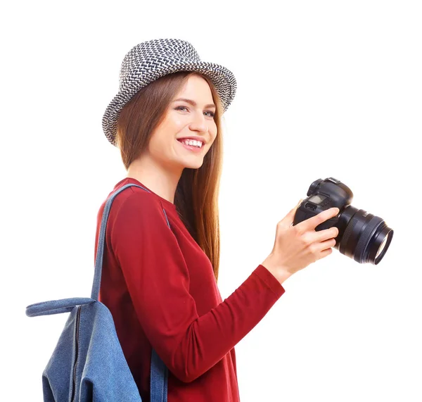 Linda turista feminina com câmera — Fotografia de Stock