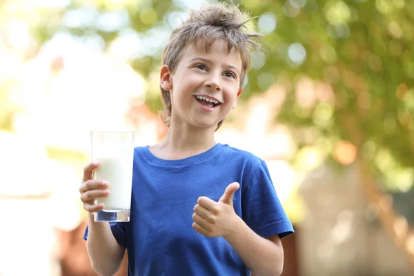 Söt pojke hålla glas mjölk — Stockfoto