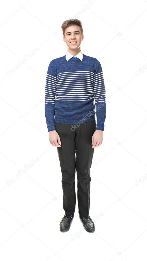 Cheerfully smiling school boy standing on light background