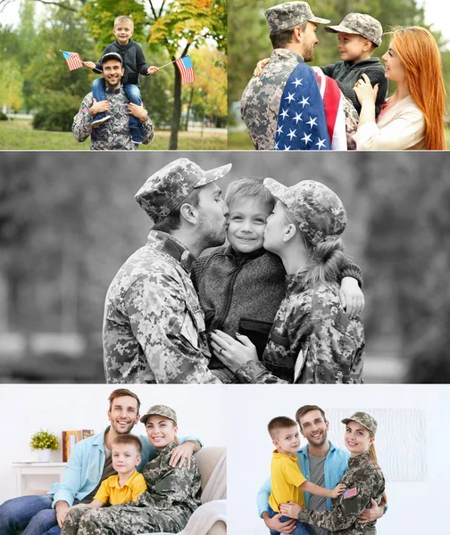 Collage von Soldat wieder mit Familie vereint — Stockfoto