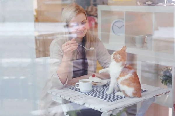 Mujer joven sentada en la mesa en la cafetería del gato, vista desde el exterior — Foto de Stock