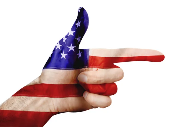 Dupla exposição da bandeira americana e homem fazendo gesto de arma de fogo em fundo branco. Conceito de controlo de armas — Fotografia de Stock