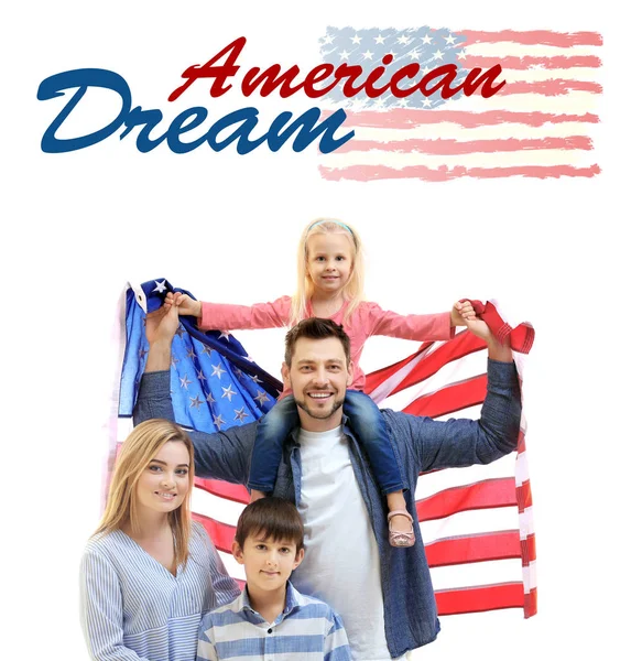 Texto Dream Americano Família Com Bandeira Dos Eua Fundo Branco — Fotografia de Stock