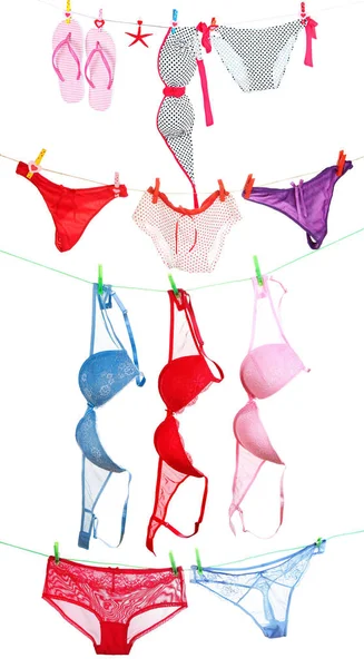 Women underwear hanging from clotheslines — Stock Photo, Image