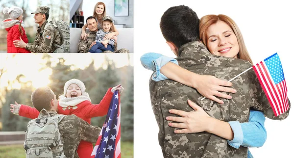 Collage van soldaat herenigd met familie. Concept van patriottisme en militaire dienst — Stockfoto