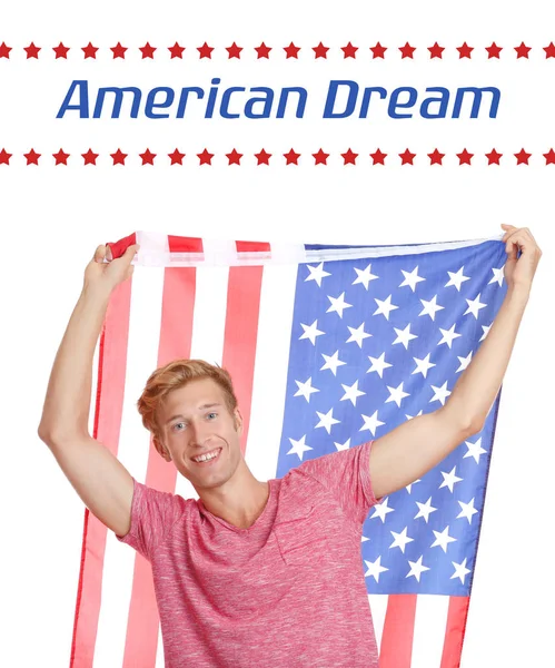 本文アメリカン ドリーム 白い背景の上にアメリカ国旗を持つ若い男 — ストック写真
