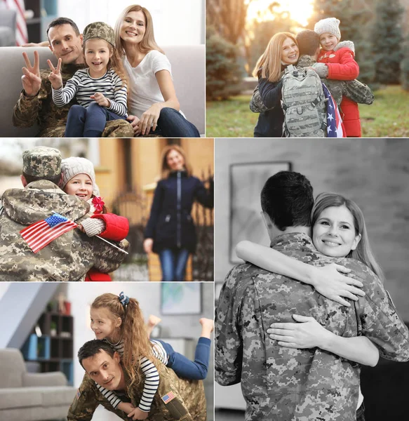 Colagem de soldados reunida com a família. Conceito de patriotismo e serviço militar — Fotografia de Stock