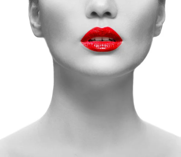 Young woman with red lips on white background, closeup — Stock Photo, Image