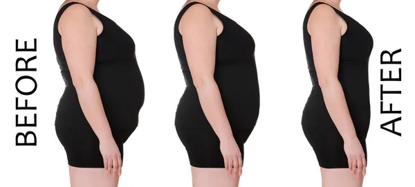 Cuerpo femenino antes y después de la pérdida de peso sobre fondo blanco. Concepto de salud y dieta — Foto de Stock