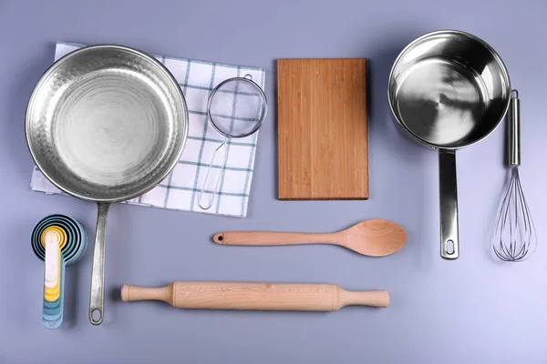 Kitchen utensils for cooking classes on color background — Stock Photo, Image