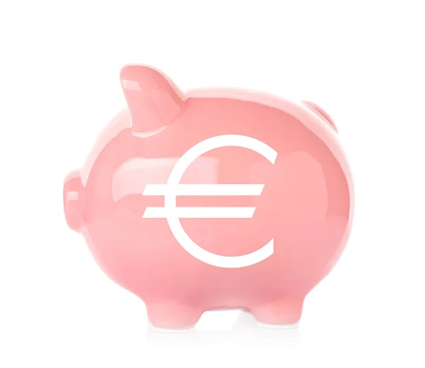 Banco porquinho com símbolo da moeda euro sobre fundo branco. Conceito de poupança financeira — Fotografia de Stock