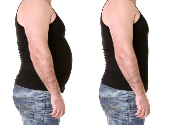 Männerkörper vor und nach dem Gewichtsverlust auf weißem Hintergrund. Gesundheits- und Ernährungskonzept — Stockfoto