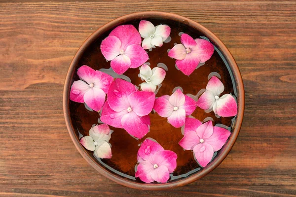 Bol avec eau et fleurs d'hortensia — Photo