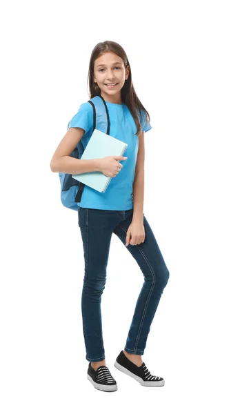 Girl with book and schoolbag — Stock Photo, Image