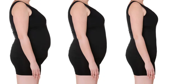 Female body before and after weightloss on white background. Health care and diet concept — Stock Photo, Image