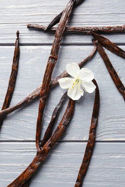 Bastoncini di vaniglia secchi e fiori — Foto Stock