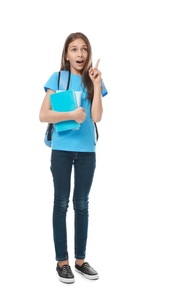 Menina com livros e saco escolar — Fotografia de Stock